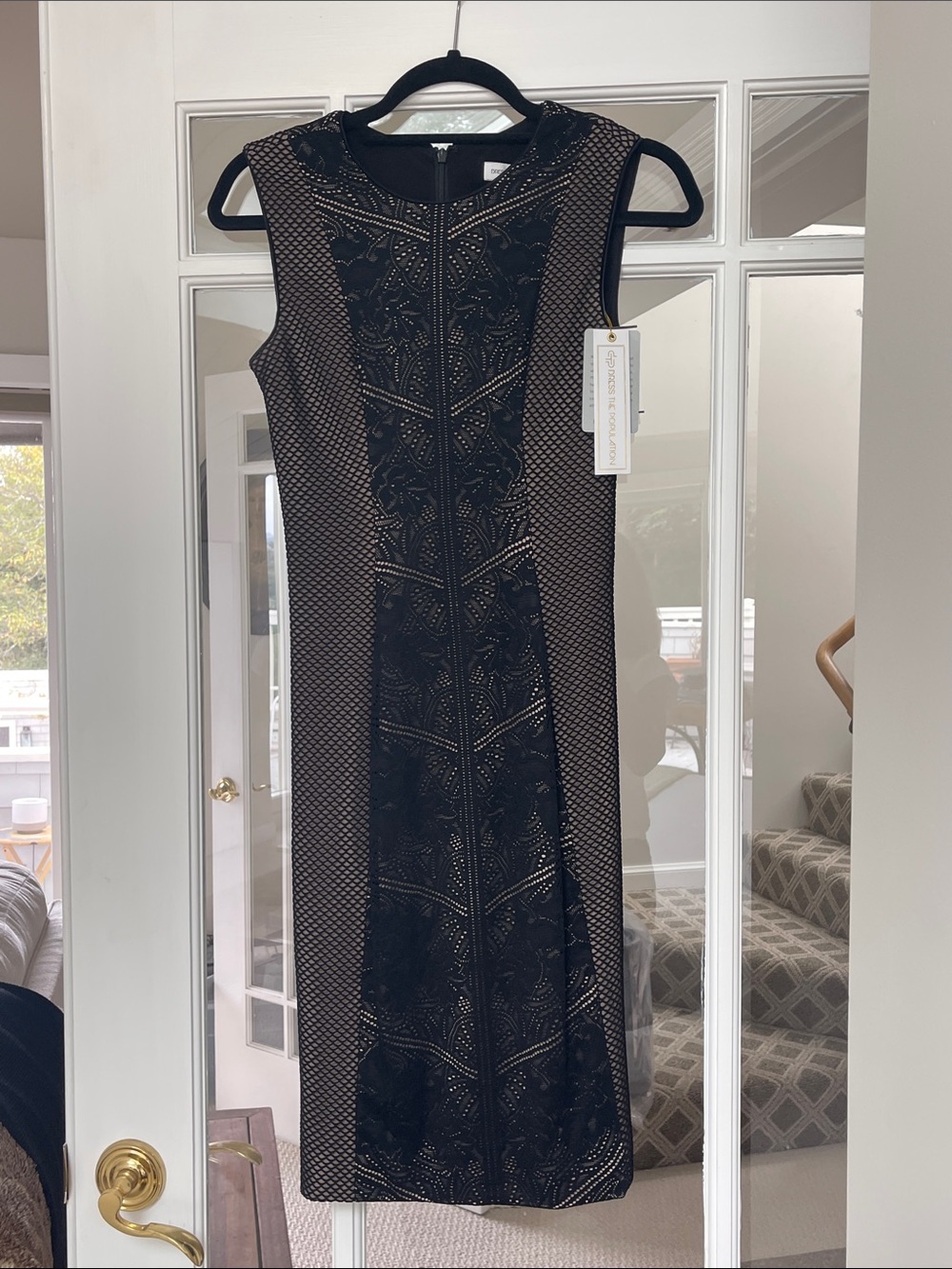 Dress the Population Black Lace-Panel Mesh Midi Dress